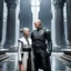 Placeholder: a bold and heroic bald male Corellian pilot in black and grey First Order special forces gear meets a female Jedi Master in ancient, mystical temple, hyperdetailed, dynamic lighting, hyperdetailed background, 8k resolution, volumetric lighting, light skin, fully symmetric details