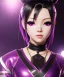 Placeholder: Detailed cute anime Kunoichi girl, purple hair buns, purple bangs, black latex bodysuit, intricate details, full body portrait, keep head in frame, slight smile, black Japanese motif, concept art, highly detailed, digital painting, concept art, sharp focus, illustration, art by Yoji Shinkawa, WLOP and greg rutkowski and alphonse mucha and artgerm and yanjun Chen and Junji ito and Makoto Shinkai, HDR, octane render