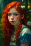 Placeholder: teenage girl, close-up shot, dynamic pose, fair skin with freckles, blue eyes, curly red hair, braided hair style adorned with flowers, slim and athletic body, bohemian-style clothing with embroidery and tassels, enchanted forest setting, on top of a moss-covered tree stump, impressionist style, soft golden sunlight, digital painting, inspired by Gustav Klimt, high resolution