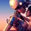 Placeholder: great illustrator, spanish, realistic rendering of a cute spanish girl kissing a beautiful cybergirl. beautiful, simmetric, steampunk style. Helmet with tubes. Girl with wings. Machinery in the background. Robotic bird flying. High details. 4k. unreal engine, sunset