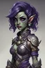 Placeholder: Create a young, perky, female humanoid githyanki. She has pale green skin, big dark purple hair, large dark black eyes, a few facial tatoos, pointed ears, dressed in armor.
