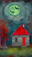 Placeholder: Painterly. Abstract. A cottage with a moss covered roof in a clearing. The moon very small , A willowy androgynous human figure stands clothed in red silk raiments. Anomalous red cloud issuing forth from the heart. Simple yet majestic