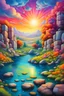 Placeholder: vibrant psychedelic oil painting image, airbrush, 64k, cartoon art image of A bank of the lake stone wall - areal view - more sky - , dystopian