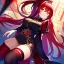 Placeholder: girl, masterpiece, best quality, volumetric lighting, detailed outfit, perfect eyes, red hair, red eyes, long hair, thigh highs, ponytail, chinese clothes, nervous smile,