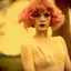 Placeholder: Clara bow, merry go round., in the wind, white lace dress, pink hair,autochrome, close up