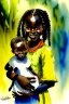 Placeholder: A cute smiling african girl is holding a kitten. Watercolour