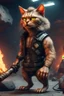 Placeholder: neanderthal cyberpunk cat with club and cave fire in the style of fallout 4