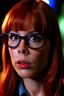 Placeholder: girl with ginger hair in a fringe with glasses and a septum piercing watching austin powers on tv