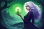 Placeholder: her alluring silhouette with violet boots, her white hair, violet and curly, frames her in a romantic charm that whispered secrets of Scandinavian allure. she wears green t-shirt, tempting the imagination - Facing forward with arms raised, with her huge, adorable eyes she embodies the essence of the Cthulhu mythos, a dark sorceress from the depths of the ocean