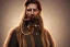 Placeholder: Boisterous braided long haired bearded tall man wearing gold rings and rugger long fur trimmed merchant's coat, dark background, dynamic lighting, full body view, golden glowing eyes, medieval fantasy, monocle