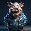 Placeholder: A north pole pig wearing a jean jacket with smile face, sleep pose, realistic render