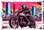 Placeholder: 1980 Enduro Motorcycle cruising through an ink-punk styled city, vintage stamp aesthetic, LLart illustration resembling a dynamic comic book panel, vibrant colors, sketched with tiny, intricate details, sharp focus, bold high quality, vector style suitable for a t-shirt design, ultra-detailed, high resolution