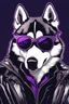 Placeholder: A husky using sunglasses and a black jacket, comic, monochromatic, sepia. Purple illumination. 80's technology