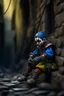 Placeholder: hyper real oil painting of harlequin transported by cable in control in goth ruins background, zeiss prime lens, bokeh like f/0.8, tilt-shift lens 8k, high detail, smooth render, down-light, unreal engine, prize winning