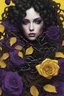 Placeholder: abstract creation of a beautiful girl with black curly hair, surrounded by black roses, wrapped in thick metal chains, glass petals on the ground, autumn and bright yellow and purple colours,dried out thorn bush, chaos,