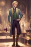 Placeholder: male, elf, blonde hair, green eyes, slender, light blue aristocrat coat with golden motif, dark purple shirt, brown expensive pants, brown boots with golden decoration, holding wine in a glass, single character, high class party background, smirking