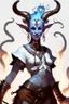 Placeholder: A full body image of this tiefling woman she has fire powers, she is floating she has lots of jewelry and the horns of a ram and also the horns of a gazelle, her outfit is white and her body is covered in tribal tattoos, she is laughing