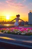 Placeholder: woman doing yoga on the roof of a buss with flowers, 4k, downlight, soft light, depth of field, photorealism