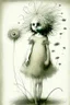 Placeholder: pencil and charcoal sketch of a cute happy little dandelion fairy girl, Mucha inspired emotional nature ephemeral sculptures of Andy Goldsworthy, tiny human form, essence captured as if created by surrealist photographer Noel S Osvald rendered in bright ombre colors, mixed with influences by John Bauer and Tim Burton, faded dark grey background, minimalistic art, with details that reflect advanced rendering techniques that push the drawing's realism even further Modifiers: trending on Artstation