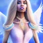 Placeholder: portrait of a beautiful somalian woman with an angel face smiling,long blond hair, blue eyes, pink and blue dress, jewels, soft light aura