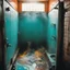 Placeholder: A wild, psychedelic photorealistic captured on gritty 35mm film, channeling the raw energy of a 1970s underground comix illustration by S. Clay Wilson and the kinetic chaos of Ralph Steadman. The image is a jarring high-angle shot looking down into a steamy, cramped vintage bathroom shower stall. A disheveled, middle-aged beatnik figure, with long, greasy hair, a straggly beard, and clad in only tattered, tie-dye cotton boxer shorts, is captured mid-air, a look of pure, terrorized realization et