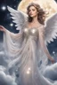 Placeholder: Photograph close up ,An beautiful angel who wears a beautiful dress which has sparkles on it and is standing on the clouds at night as there are stars and the full moon.