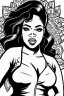 Placeholder: black curvy woman wearing jeans, eyes front camera coloring page, black and white