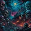 Placeholder: Shame on the night for the strangest dreams, 80's Heavy Metal Album Cover, by Areon Alfrey, mind-bending matte oil illustration; sinister colors, dynamic diagonal composition, complex contrast, horror, sharp focus, detailed, clear