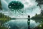 Placeholder: Photo of a skinny woman with a black bob hairstyle, in a green and silver android suit, looking at flying dandelion heads with octopus tentacles looking out over a lake, in an alien forest, with tall narrow cloud trees