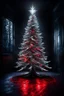 Placeholder: a beautiful illuminated silver and white light Christmas tree stands in a dark room, dark shadows rise from the floor and demonic red eyes glow behind the tree in the dark, scary atmosphere, little glimmering light, dark, deep colors, small details, surreal, thriller, masterpiace