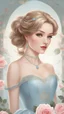 Placeholder: a beautiful illustration of a girl with shiny golden chignon hair wearing a light blue Victorian dress. Her eyes should be lovely and captivating. Surround her with pink roses for a touch of elegance and romance.