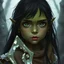 Placeholder: A digital illustration shoot from a portrait camera angle about a portrait of an orc girl with dull green skin. In the middle of the image, an 8 year old orcish child, appears to be looking at the viewer lost in thought. she has long black hair, Fantasy, ice