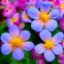 Placeholder: pink and blue flowers with yellow pollen realist