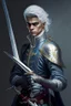 Placeholder: european gray hair young adult royal guard swordsman with rapier duelist