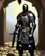 Placeholder: A frightening castle dungeon hallway with an knight warrior in rusty chainmail holding a zweihander painterly rpg art