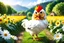 Placeholder: Here is the translation to English: "A beautiful chicken with a cat-like face in a flower and tree farm"