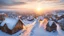 Placeholder: angel's view shows the camera barn owl's back flying over a winter small village, snowy landscape, little light, sunrise, some small Hungarian old country houses from above, perspective, high detailed, sharp focuses, photorealistic, cinematic