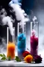 Placeholder: 3 glass tubes with colorful steaming liquids, glass, smoke with flowers, watercolor background snow