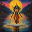 Placeholder: An oil painting of goddess Kali crossing a lake, neon gold colors