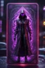 Placeholder: paradise sacred geometry framed playing card, black, red, spore and purple neon cyber punk dancer thief in soaked rain coat shadows boss card in the style of Giger and fallout 4 ,,bokeh like f/0.8, tilt-shift lens 8k, high detail, smooth render, down-light, unreal engine