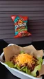 Placeholder: "Taco in a Bag" which consists of an open Doritos chip bag containing Doritos chips and cooked ground beef and lettuce and shredded cheese and tomato pepper and onions and more nacho chips, food blogger photography