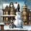 Placeholder: Surreal steampunk snowman, towering over a winter wonderland adorned with intricate steampunk enhancements, juxtaposed with traditional Victorian snow-capped townhouses, smoke floating out of tall chimneys, wrought iron benches encrusted with frost, brass gear clock perched on a corner building, snowman wearing a distressed leather top hat, brass googles resting, tin can pipe snugly fit in the corner of its carrot mouth, steampunk mechanical arm holding an ornate umbrella