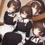 Placeholder: Clear focus, High resolution, short dark brown fluffy hair, green eyes, wearing a maid outfit, sitting down, in a house, cartoon eyes, cute, cartoony style, flat shading, hair covering eyes