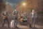 Placeholder: Group of three mature cats musicians, one cat playing guitar, one cat playing drums, one cat holding microphone and singing, street, Vienna, smiling, sunny day, model style, hyper realistic, extremely accurate, delicate, extremely detailed, Graphic novel style, wide-angle, open aperture, superfine pencil