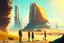 Placeholder: Sunny day, people near the, rocks seeing a distant modern city, sci-fi