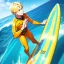 Placeholder: blonde hair anime boy surfing under a wave, make hands look realistic, standing up on a surfboard,wearing an orange wetsuit