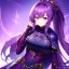 Placeholder: girl, masterpiece, best quality, cinematic lighting, detailed outfit, perfect eyes, purple hair, purple eyes, long hair, ponytail, in a fantasy world with armor-plated clothes, with a mystical background, glowing effects, with intricate patterns,