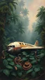 Placeholder: An old airplane crashed in rainforest filled with vipers painted by Claude Monet