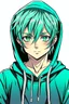 Placeholder: Anime young man with green hair wearing a black hoodie