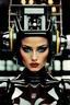 Placeholder: female humanoid robot, beautiful like a supermodel from the sixties, beautiful eyes, sexy, most beautiful, helmut newton, evil woman, hypnotic eyes, polaroid colors, electric sexuality